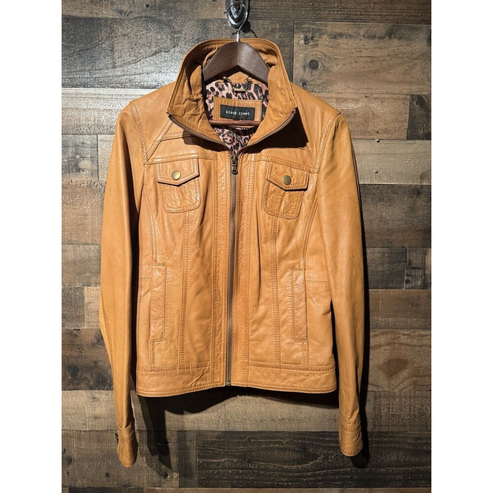 RARE-Black Rivet Wilson Leather Moto Jacket Y2K M Cognac Brown Genuine Biker